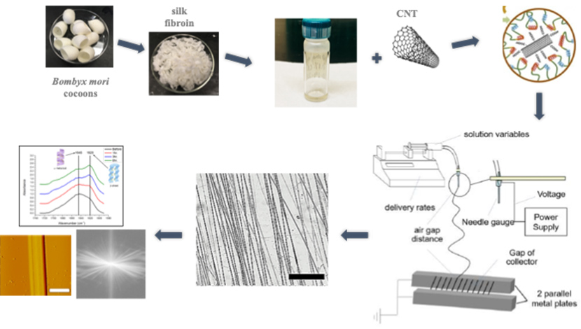 Optimization of electrospinning conditions to achieve aligned silk composite nanofibers