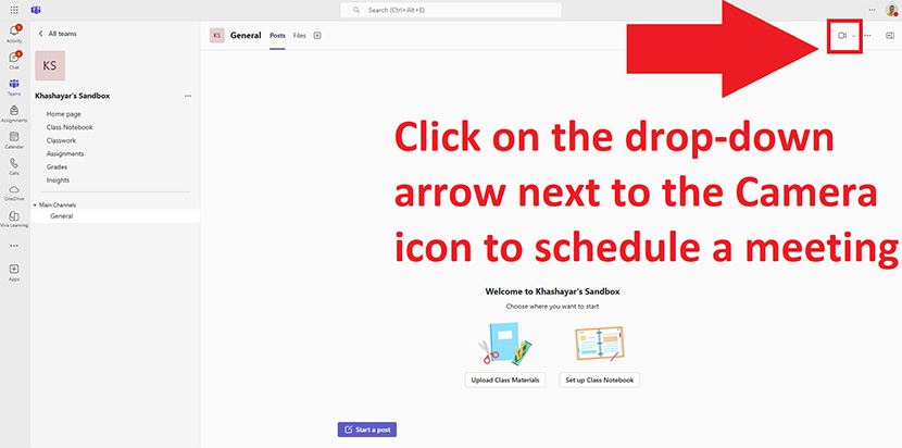 08 Click on the Camera icon on the upper left corner to shcedule a meeting