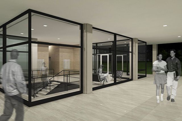 Illustration of students walking inside Kacek Hall Get to Know You Space