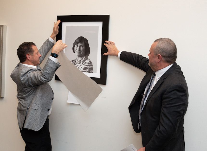 Louis Cattafesta and Kenneth Christensen unveil Lois Graham photo