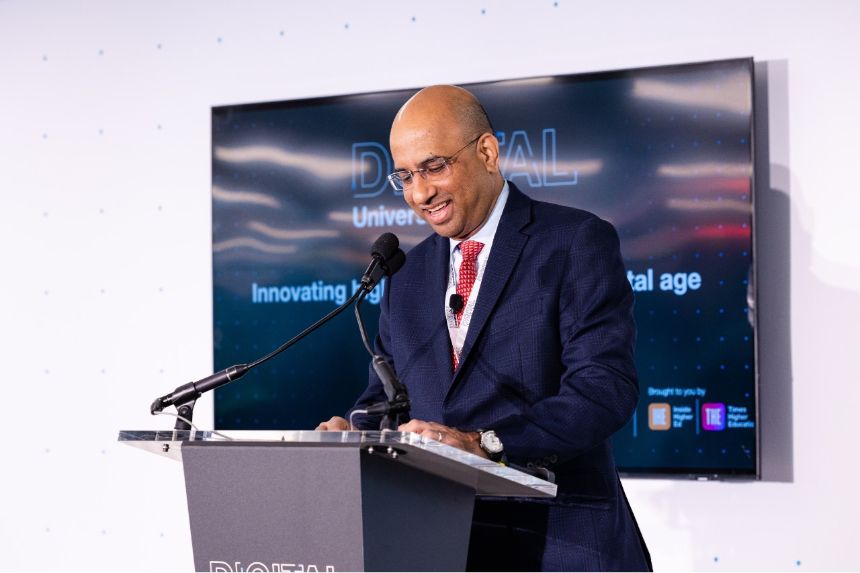 At Times Higher Education Digital Universities US Conference, Illinois Tech President Raj Echambadi delivers opening remarks.