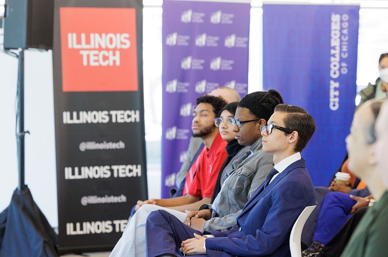 Chicago Public School students at a press event announcing Illinois Tech's Runway 606 program at Illinois Tech's Kaplan Institute