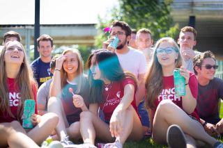 Students together outside of The McCormick Tribune Campus Center