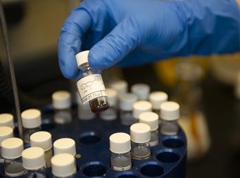 A researcher examines a container of a compound