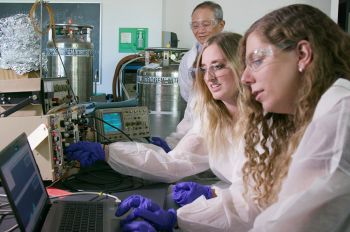 Photo of students and faculty at work in the physics radiation lab