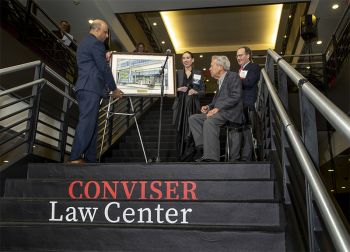 Pictured (from left): Illinois Institute of Technology (Illinois Tech) President Raj Echambadi, Chicago-Kent College of Law Dean Anita K. Krug, Professor Richard J. Conviser, and Michael P. Galvin (LAW ’78), chair of Illinois Tech’s Board of Trustees. 