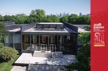 Aerial image of S. R. Crown Hall with red ZEDD logo