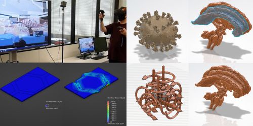 collage of 4 images. one image is a person looking at a model in vr. The other three images are various 3d biomed models.