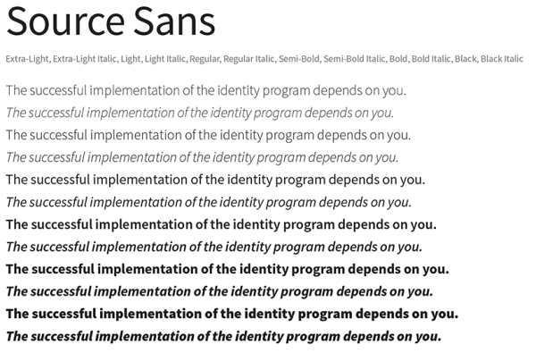 Source Sans font sample in 12 weights