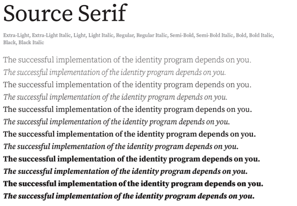 Source Serif font sample in 12 weights
