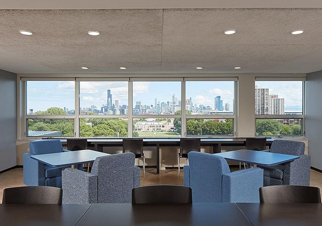 View towards chicago from common area in cunningham hall