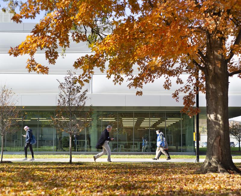 Students walk by the Kaplan Institute on a fall day