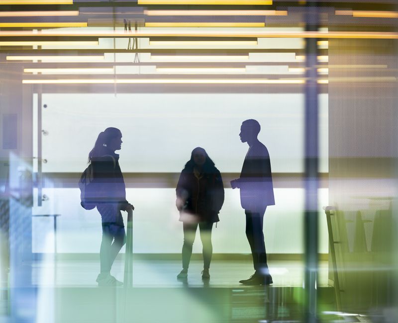 Three students are silhouetted in Kaplan